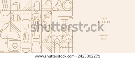 Web banner. Hand drawn illustration of Bakery and Coffee. Icons. Bread, bakery products,  dish, food processor, wheat. Abstract geometric line background. Gold luxury