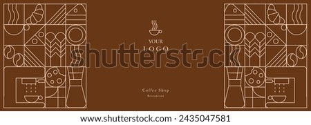 Web banner. Hand drawn illustration of Bakery and Coffee. Icons. Abstract geometric line background. Gold luxury. Illustration for cover design, food package, menu, background, café wall, coffee shop,