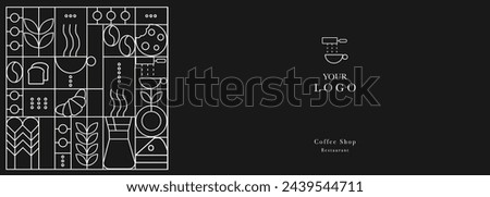Web banner. Hand drawn illustration of Bakery and Coffee. Icons. Abstract geometric line background. Gold luxury. Illustration for cover design, food package, menu, background, café wall, coffee shop,