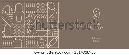 Web banner. Hand drawn illustration of Bakery and Coffee. Icons. Bread, cup of coffee, dish, cookie and croissant. Abstract geometric line background. 