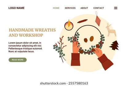 Web banner of hands crafting a festive wreath with greenery and berries. Website design showcasing wreath-making workshop with decorative elements pinecone, ornament and reindeer figure