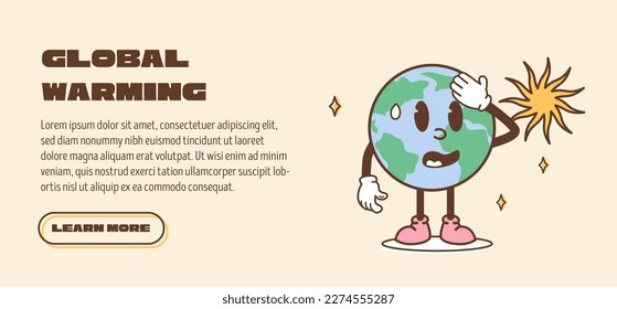 Web banner for Happy Earth Day. Slide or landing page with environmental protection concept. Vintage planet mascot feeling hot. Global warming and climate change concept retro vector illustration.