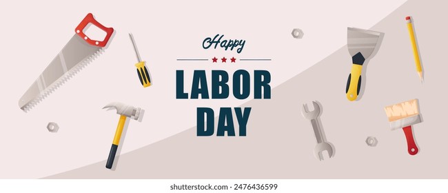 Web banner, happy labor day, white background and construction tools.