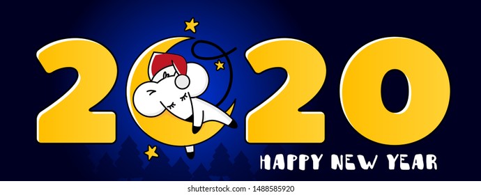 Web Banner for Happy New Year, symbol of 2020. The mouse is sleeping on the moon. Template for greeting card, poster, flyer. Vector 