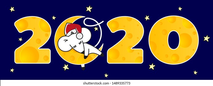 Web Banner for Happy New Year, symbol of 2020 from pieces of cheese on a blue background. A mouse sleeps on a cheese moon. Template for greeting card, poster, flyer. Vector 