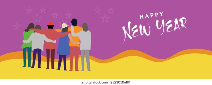 Web banner Happy New Year friend people group Vector Design Illustration
