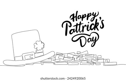 Web banner Happy St. Patrick's Day with line art illustration and handwriting text. Hand drawn vector art.