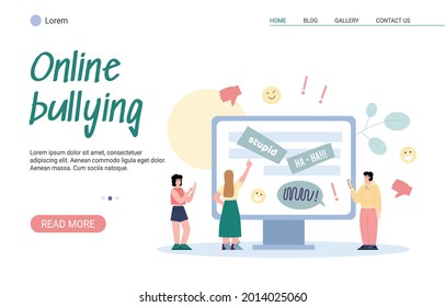 Web banner with haters group engage of cyberbullying, harassment, online abuse. Internet trolls send insulting aggressive messages to people in social network. Vector illustration.