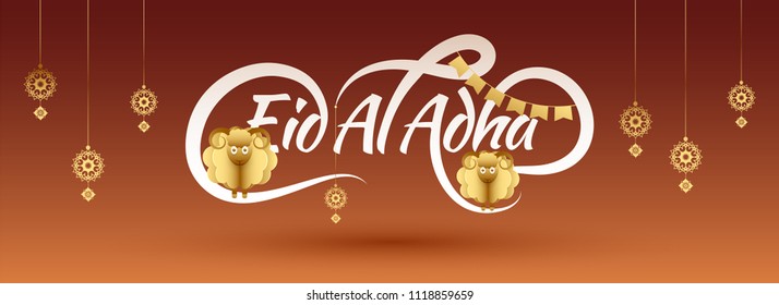 Web banner or header design for Islamic festival of sacrifice,  Eid-Al-Adha celebrations  with origami golden sheeps, hanging arabic floral design on brown background.