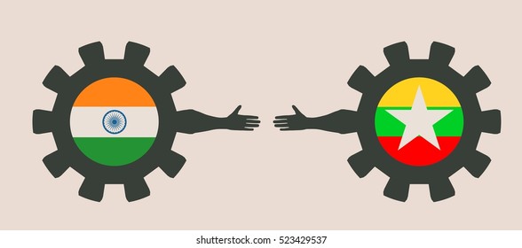 Web Banner, Header Layout Template. Politic and economic relationship between India and Myanmar. National flags on cog wheels.