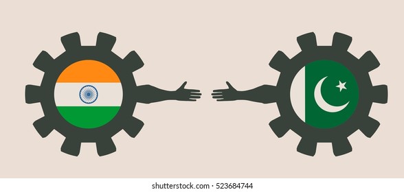 Web Banner, Header Layout Template. Politic and economic relationship between India and Pakistan. National flags on cog wheels.