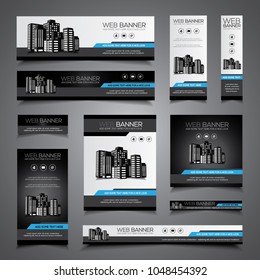 Web banner, header or print ready flyer and card template set in different sizes, black and blue vector design