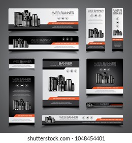 Web banner, header or print ready flyer and card template set in different sizes, black and orange vector