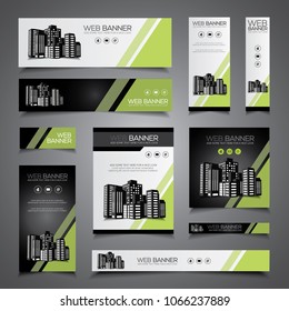Web banner, header or print ready flyer and card template set in different sizes, black and blue vector design. 