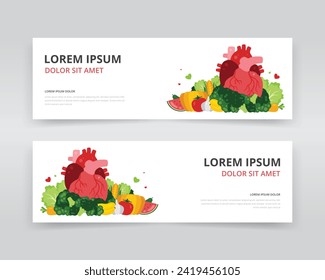 Web banner or header templates ideal for showcasing the importance of eating fresh vegetables and fruits for a healthy heart