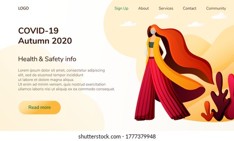 Web banner of health and safety information during the coronavirus pandemic in autumn 2020. Landing page template for website and mobile site development.Girl in protecting mask orange and red clothes