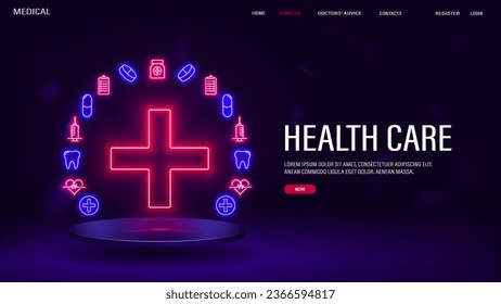 Web banner for healthcare with neon icons of syringe, tooth, cross, tablet, capsule, document and heart in blue and red on a 3d podium. A concept for medicine.