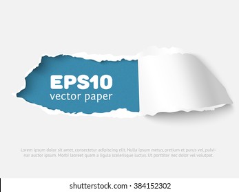 Banner web com furo em papel branco com lados rasgados sobre fundo de papel azul com espaço para texto. Papel rasgado vetorial realista com bordas rasgadas. Papel rasgado para publicidade na web e impressão.