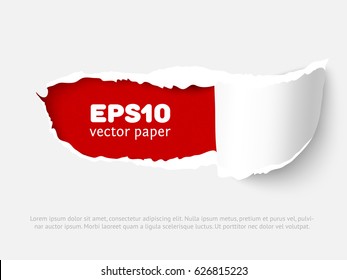 Web banner with hole in white paper with torn sides over blue paper background with space for text. Realistic vector torn paper with ripped edges.