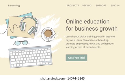 Web banner, home page vector concept. UI design mockup. Flat lay with glasses, headphones, keyboard and coffee, mockup isolated on top view.