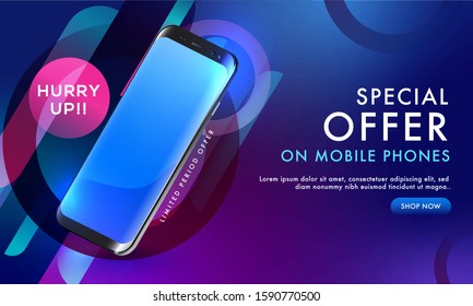 Banner web o diseño de plantilla horizontal con oferta especial en teléfonos móviles para el concepto de publicidad.