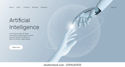 Web banner with human hand and android robot hand, technology,  development of artificial intelligence, robotics, partnership, digitalization, Artificial Intelligence (AI) landing page concept.