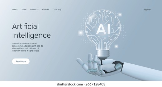 Banner da web humanoide mão segurando circuito de lâmpada, aprendizagem de máquina, rede neural, conceito de landing page de inteligência artificial. Tecnologia de inteligência artificial criativa Conceito de ideia 