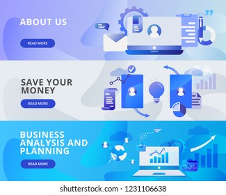 Web Banner Illustration of About Us, Save Money, Business and Planning. Modern flat design concept of web page design for website and mobile website.Vector illustration