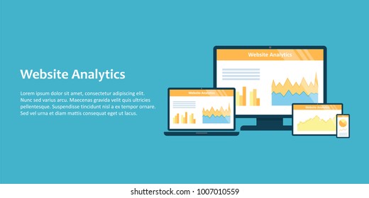 Web banner with illustration of different devices demonstrating website analytics interface