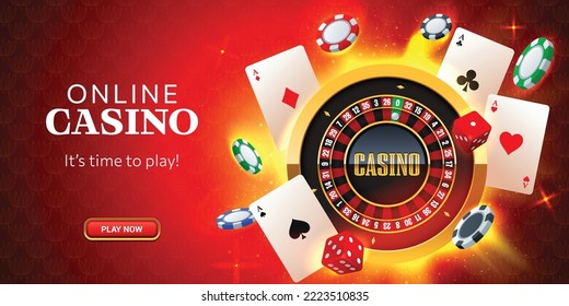 Web banner illustration for online casino with button, roulette wheel, playing cards, casino chips and dices on a red hot background. Vegas Casino games background. Vector illustration.