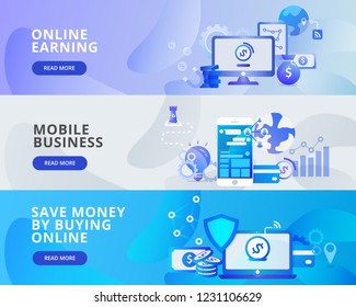 Web Banner Illustration of Online Learning, Mobile Business. Modern flat design concept of web page design for website and mobile website.Vector illustration