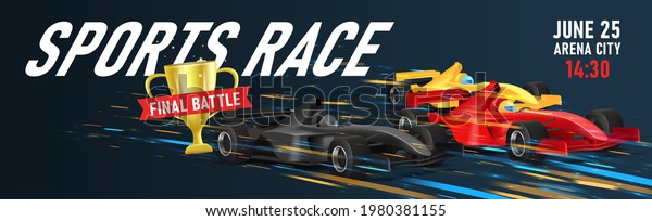 Web\
banner with illustration of three super cars sport bolide in speed\
motion for golden cup, championship tournament\
banner