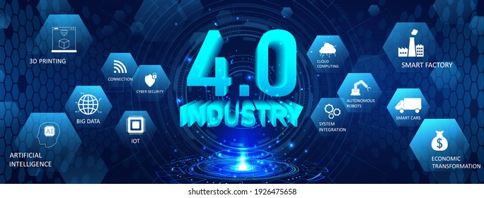 Web banner Industrial Revolution 4.0. Scifi hologram and 3D numbers with conceptual icons. Industry 4.0 concept (Cloud computin, IOT, artificial intelligence robotics, physical systems) Vector banner