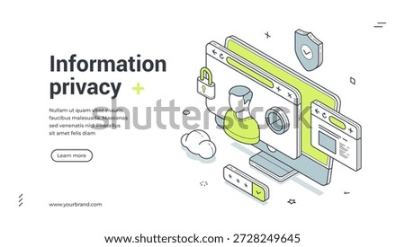 Web banner for information privacy. Isometric vector illustration of data protection. Modern template for a cybersecurity landing page with user profile, lock and shield icons
