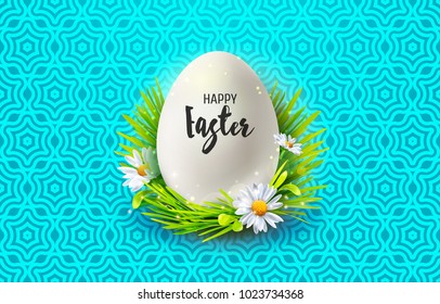 Web banner with inscription Happy Easter and realistic white egg, grass and flowers. Vector geometric background. Folk painting. Bright colors.
