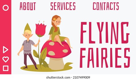 Web banner interface with cute fairy magic pixies boy and girl characters. Web page template with kids characters of flying fairies or elves, flat vector illustration.