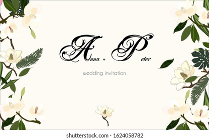 Web banner, invitation, post card. Text wedding invitation. Leaves, twigs and flowers artistic background. Eps 10