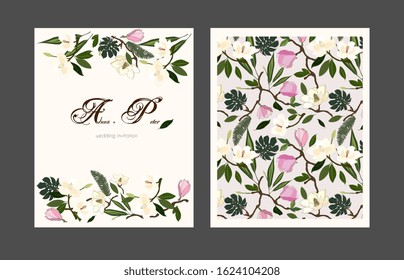 Web banner, invitation, post card. Text wedding invitation. Leaves, twigs and flowers artistic background. Eps 10
