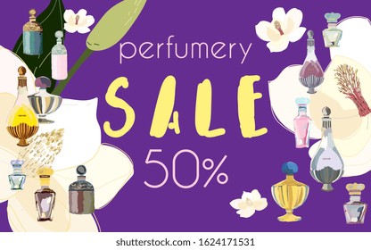 Web banner, invitation, post card. Text perfumery sale. Leaves, twigs and flowers artistic background. Eps 10