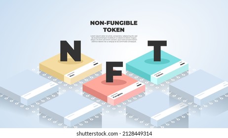 Web banner isometric layered NFT blocks with shadow, on the light background, retro style