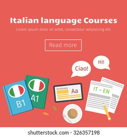 Web Banner For Italian Language Courses With Phrase Ciao, Books, Coffee, Tablet And Dialogs.