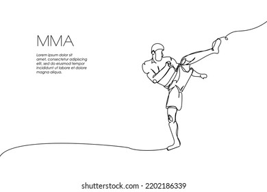 Web banner with kickboxer, mixed martial arts fighter one line art. Continuous line drawing of promotion poster boxing, fight gloves, battle, MMA, kickboxing, taekwondo, fights without rules, sport.