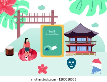 Web banner with Korean cosmetic in flat style. Vector illustration