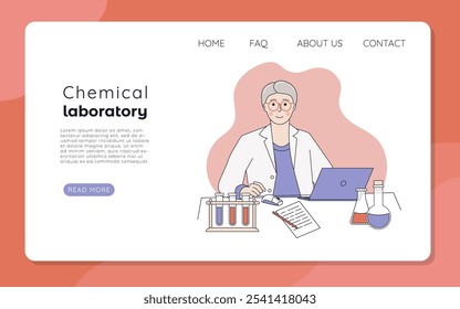 Web banner or landing page of a chemical laboratory. Old woman scientist working at a computer in a laboratory