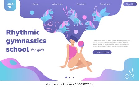 Web banner or landing page concept template for rhythmic gymnastics school. Vectorillustrationof lovely girl character , holding ball in hand with cute unicorns in thoughts. Sport school concept