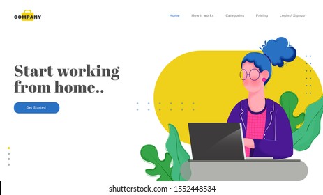 Web banner or landing page design with woman character working on laptop for Start working from home.