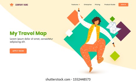 Web banner or landing page design with faceless man character in jumping pose, travel map and abstract element on background.