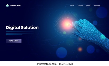 Banner web o diseño de página de inicio con mano está tocando una pantalla virtual sobre el fondo de red de malla azul para el concepto de Solución Digital.