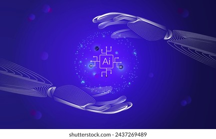 Diseño de banner web o landing page con manos robóticas.Símbolo de redes neuronales informáticas o inteligencia artificial. Concepto futurista ilustración vectorial. Ilustración vectorial EPS 10