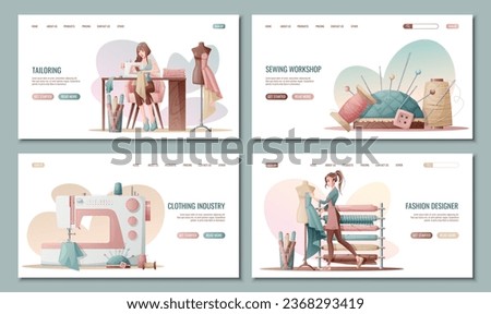 Web banner or landing page set. Professional tailor for tailoring. Sewing workshop, sewing courses. Fashion designer or tailor. Professional tailor sewing.